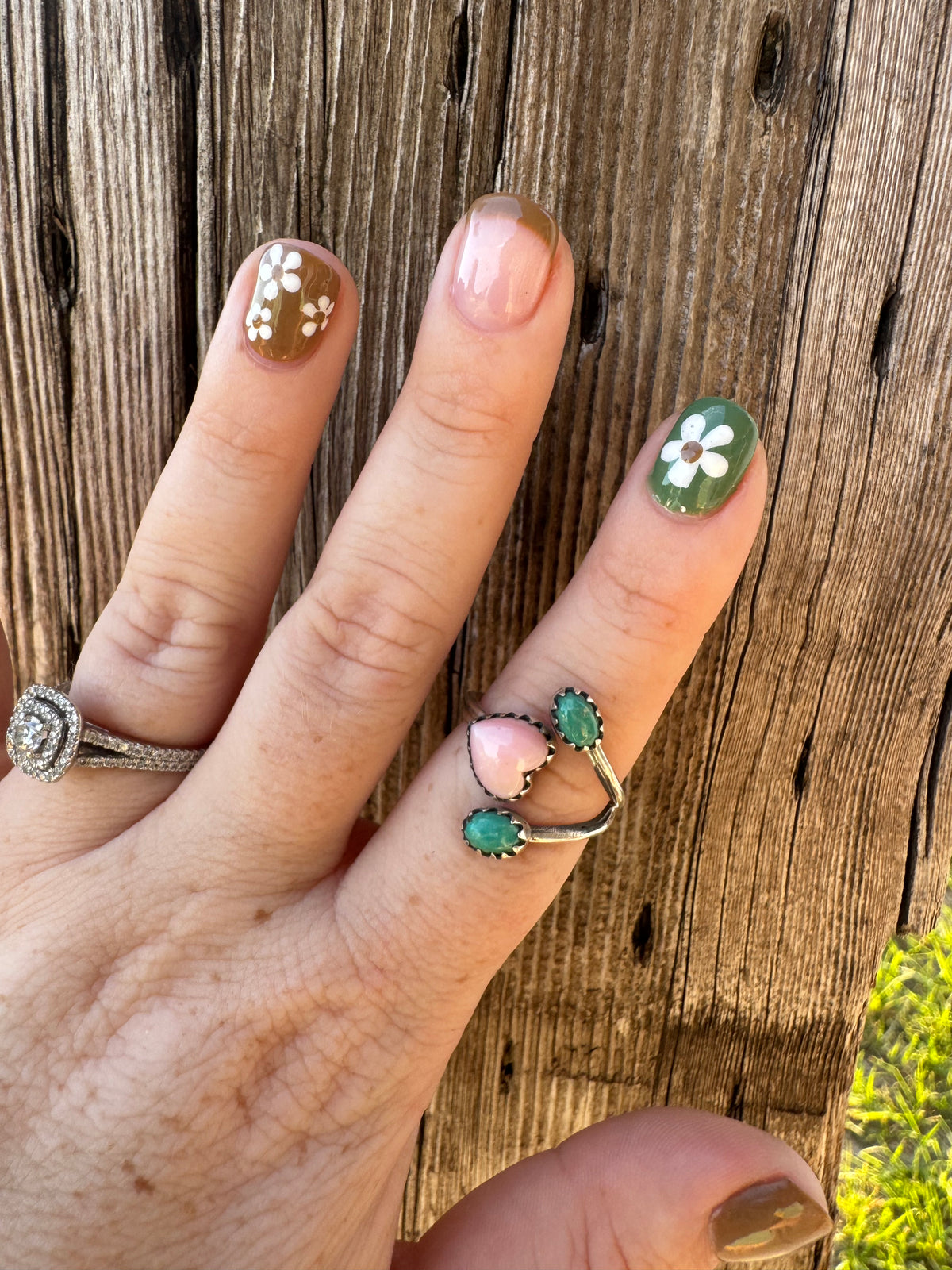 Pink Conch Heart & Turquoise Ring -Adjustable