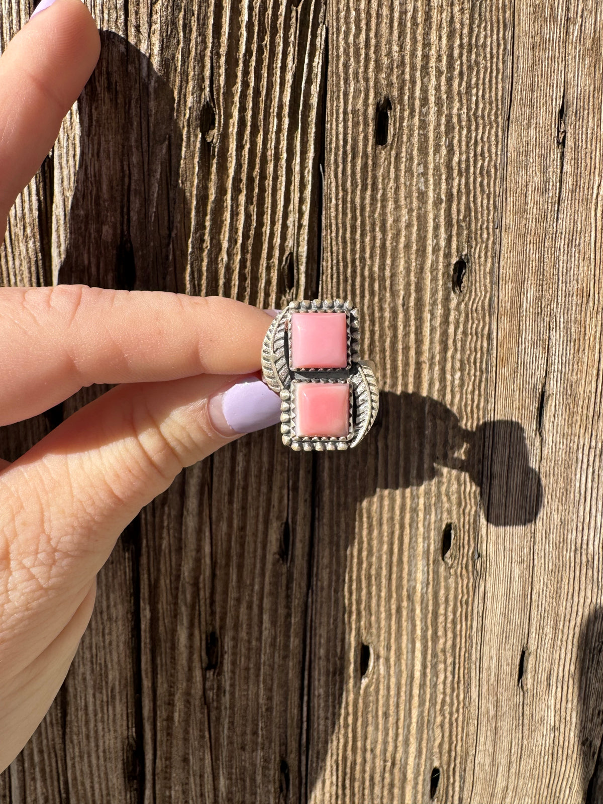 Pink Conch Double Stone Adjustable Ring