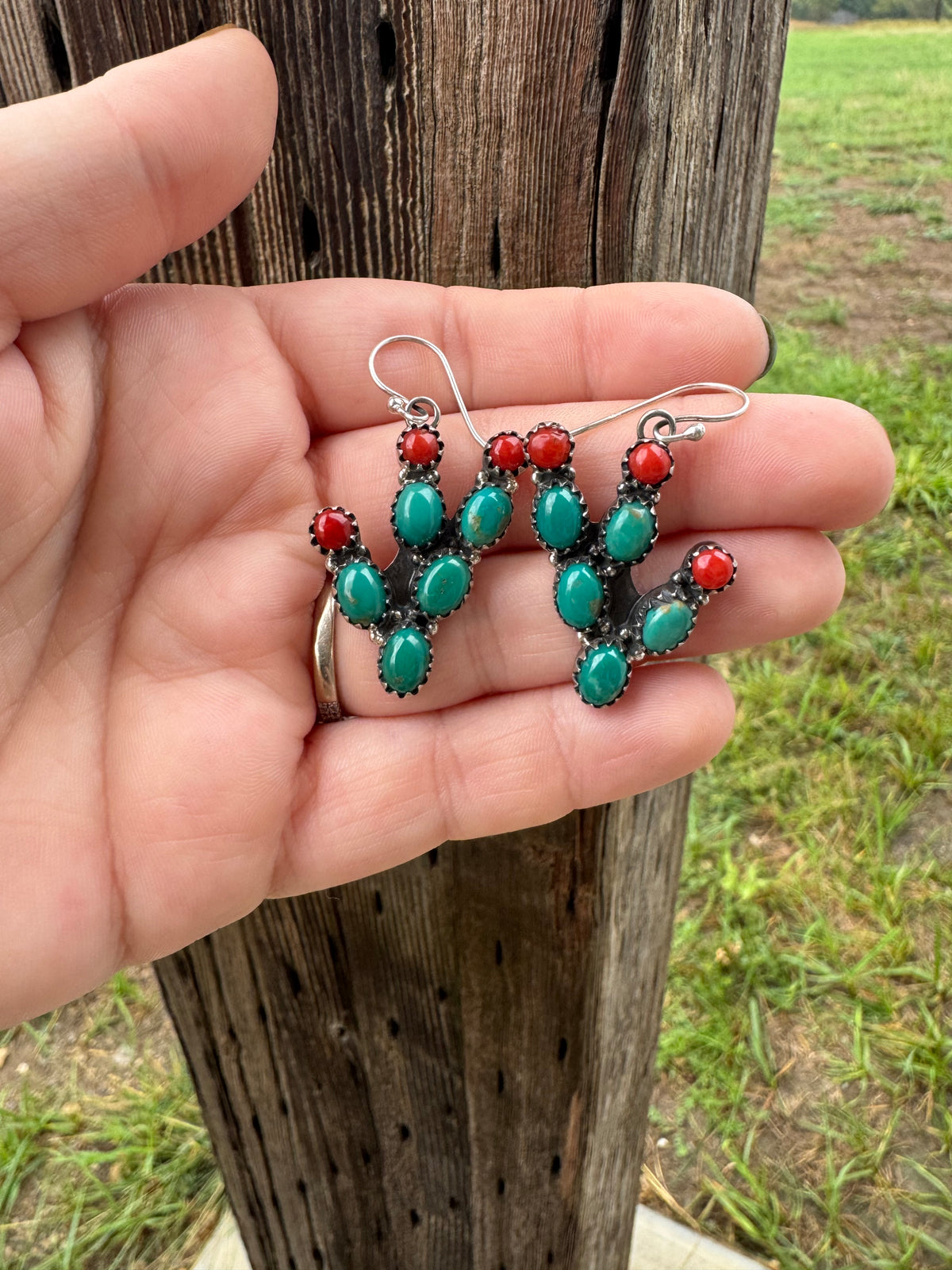 Kingman & Red Coral Cactus Earrings