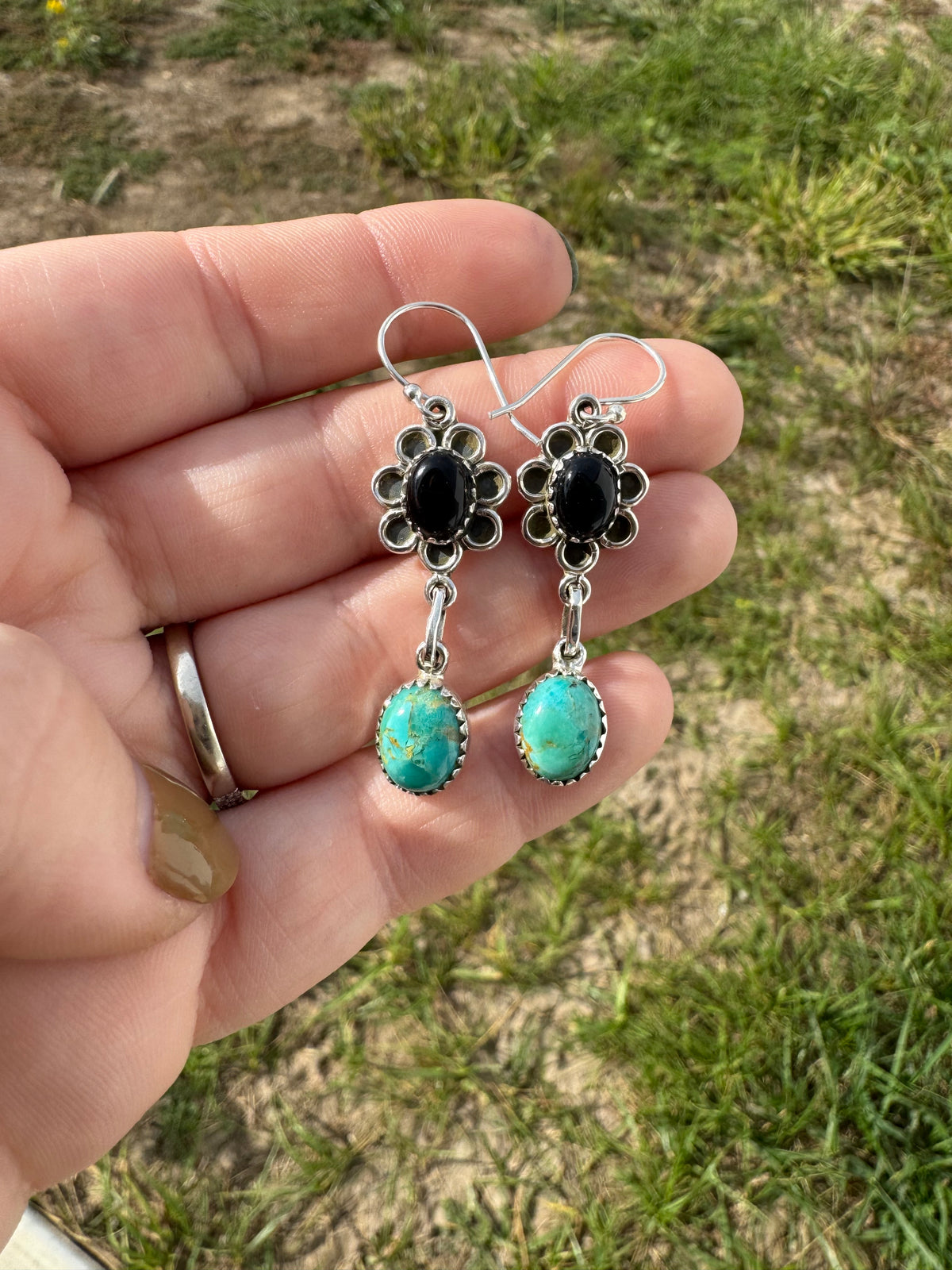 Black Onyx & Turquoise Flower Dangles