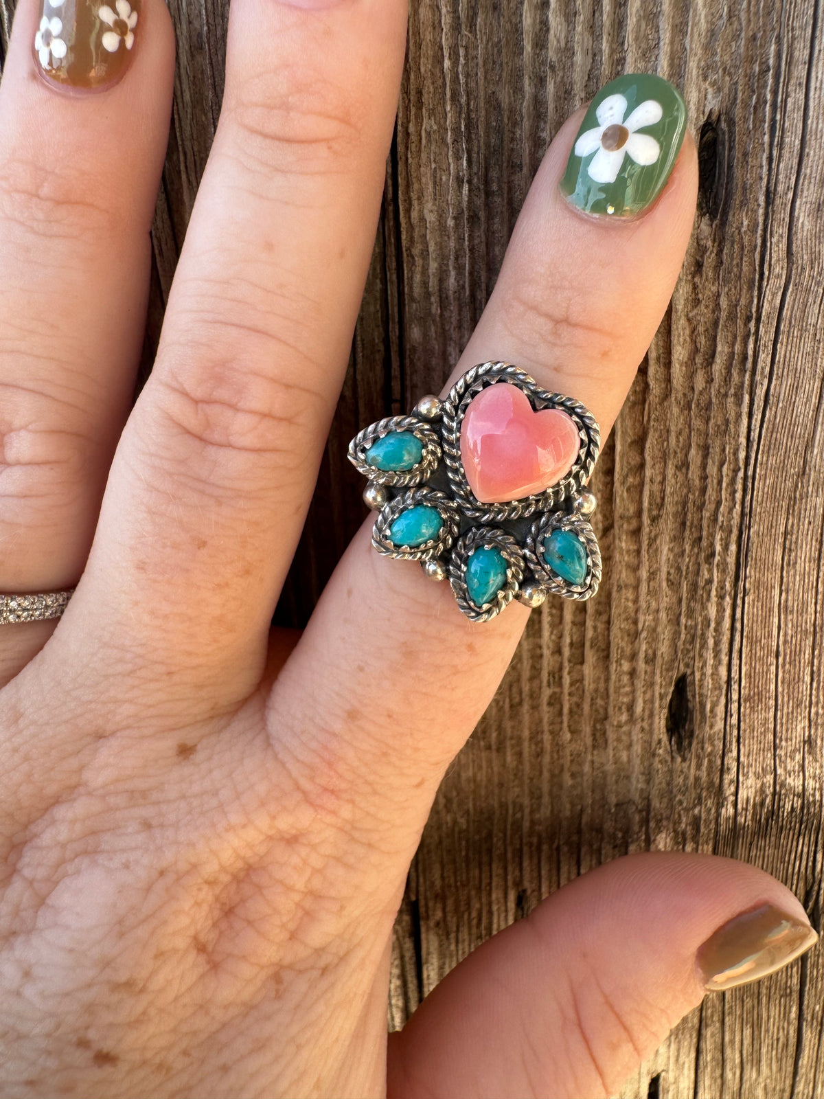 Pink conch & Kingman Heart Ring -Adjustable