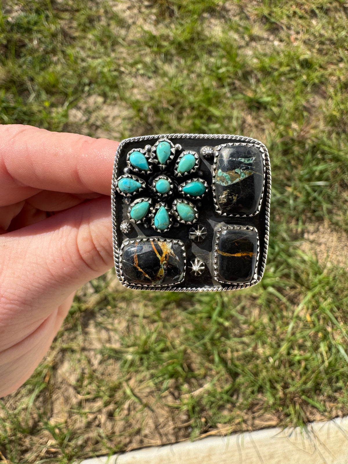 Black Jack Ring With Turquoise Flower -Adjustable