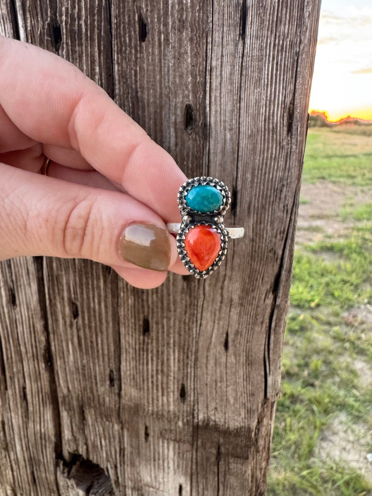 Kingman & Orange Spiny 2 Stone Ring -Adjustable