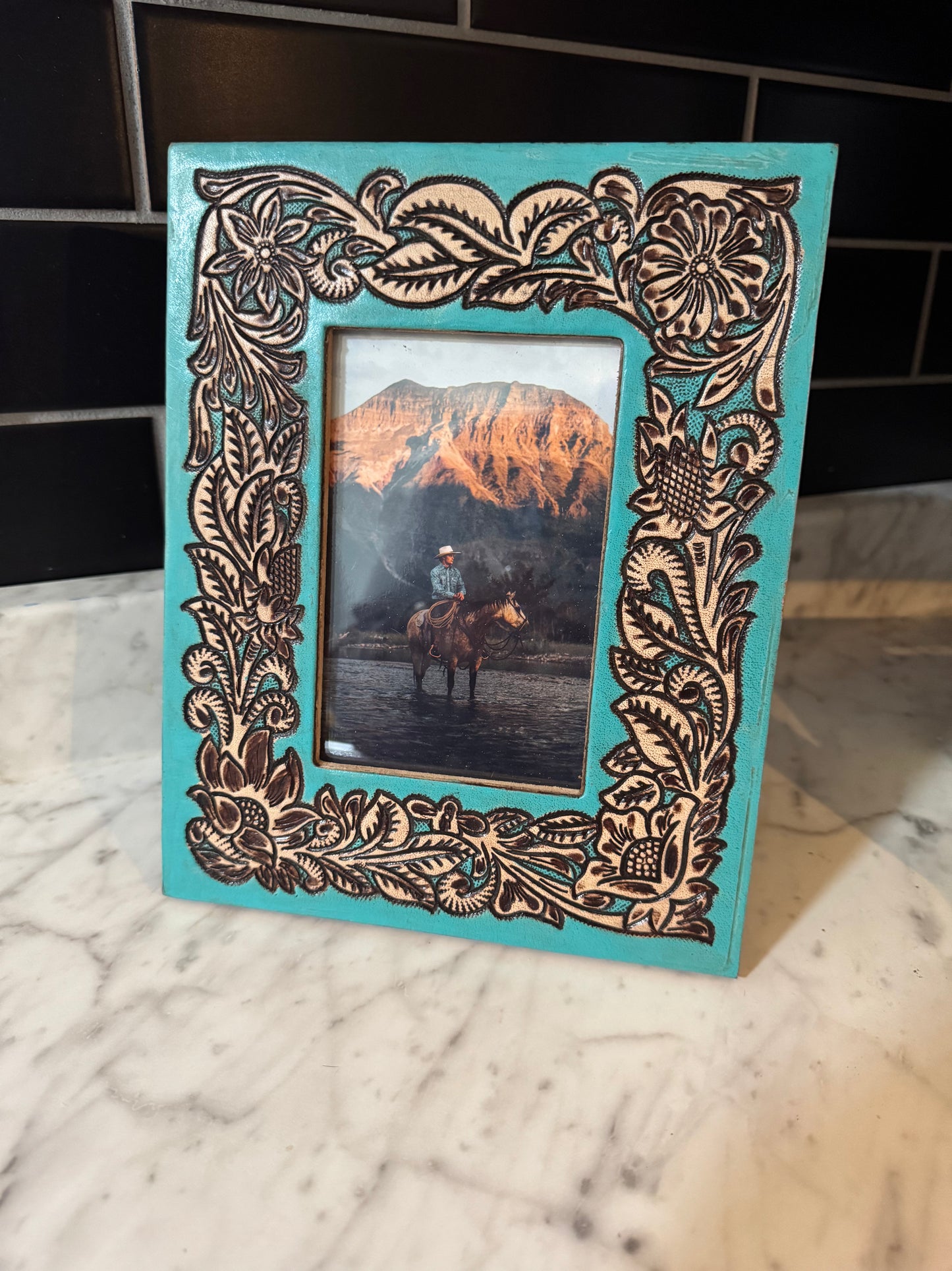 Teal tooled leather stand up picture frame (photo size 4x6)