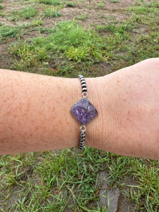 Charoite Sterling Silver Strechy Pearls