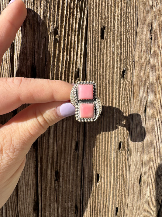 Pink Conch Double Stone Adjustable Ring