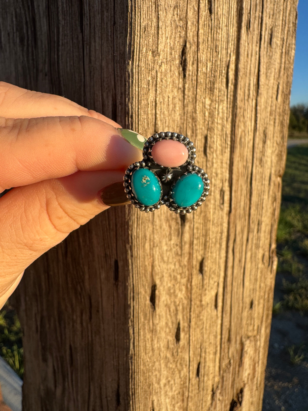Kingman & Pink Conch Cluster Ring -Adjustable