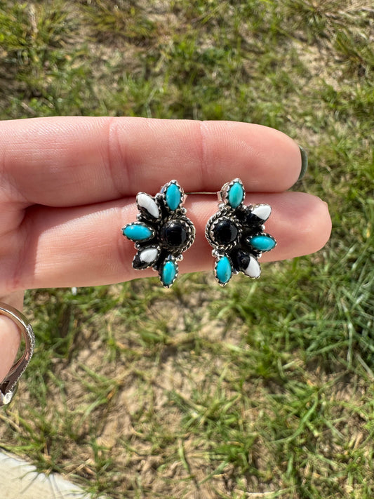 Black Onyx, Kingman & White Buffalo Half Clusters Earrings