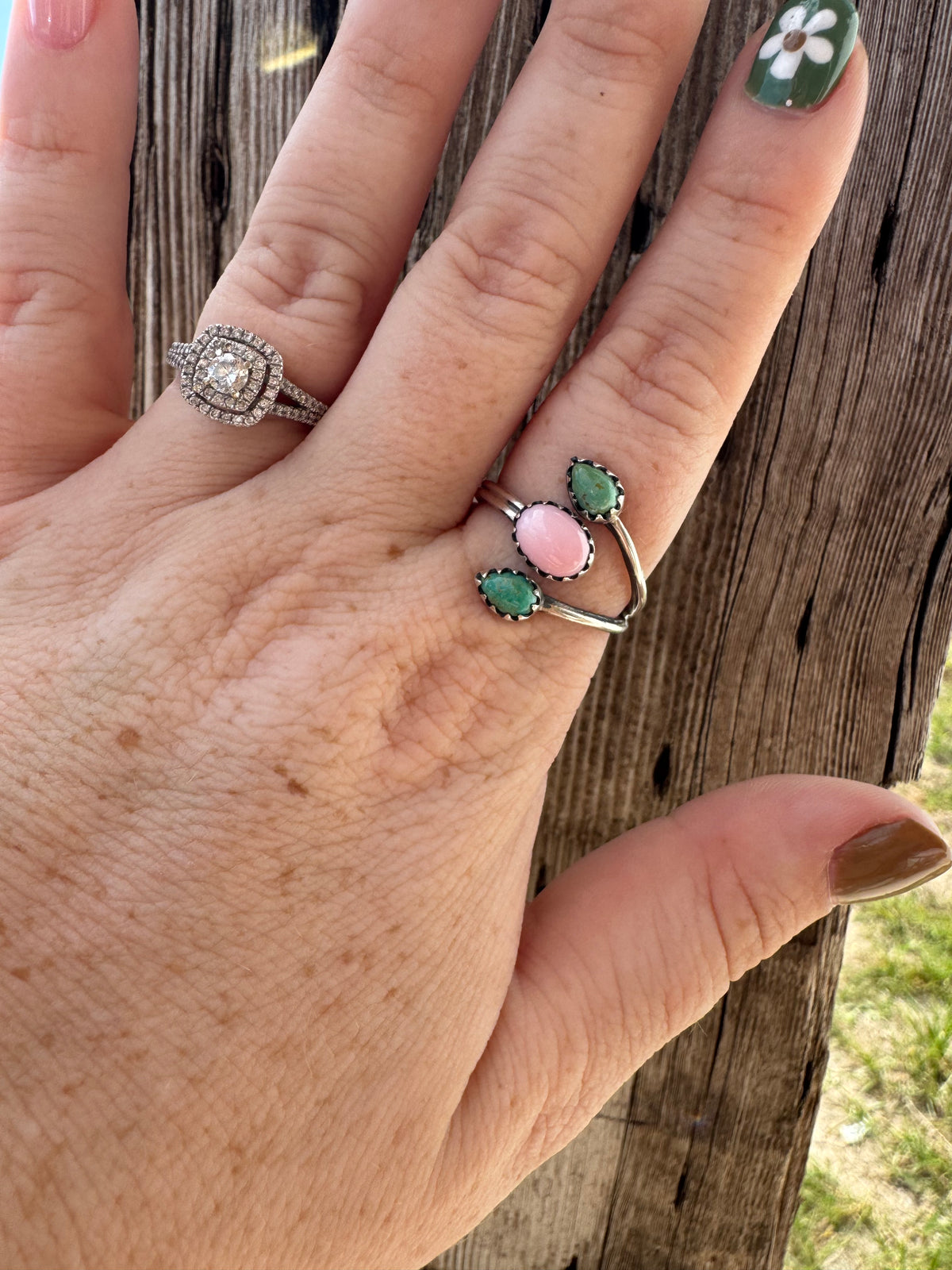 Pink Conch & Turquoise Ring -Adjustable