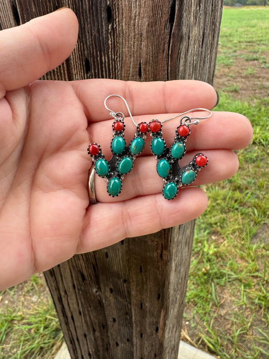 Kingman & Red Coral Cactus Earrings