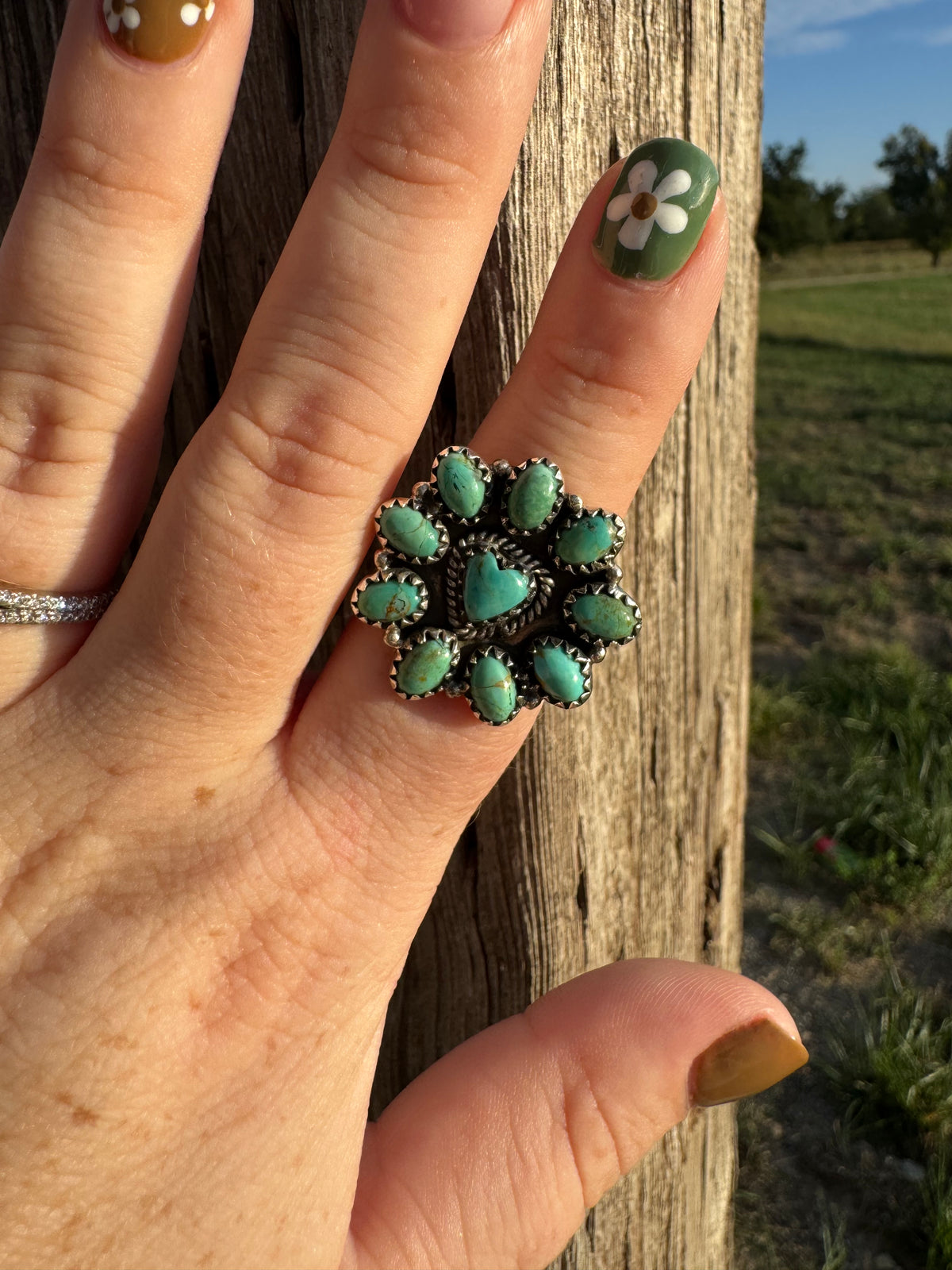 Turquoise Cluster Heart Ring -Adjustable