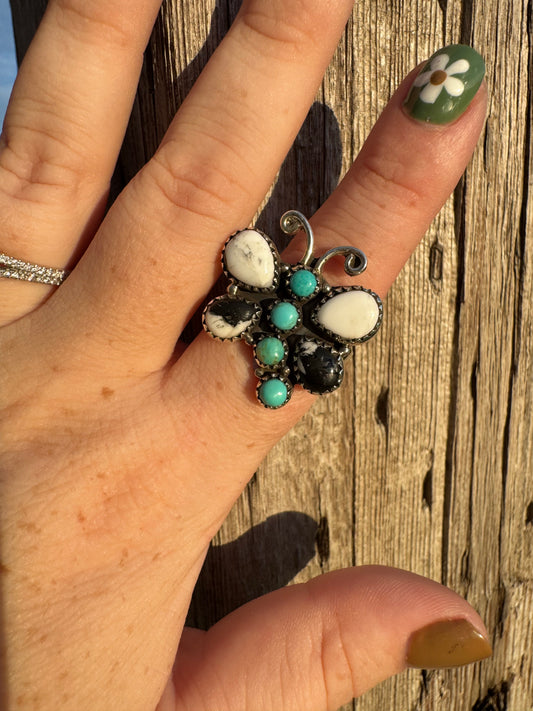 White Buffalo & Kingman Butterlfy Ring -Adjustable