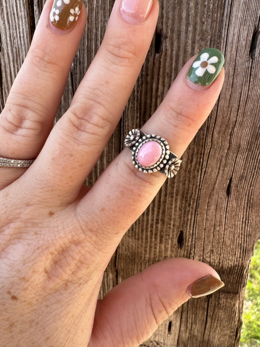 Pink Conch Ring With Flowers -Size 7