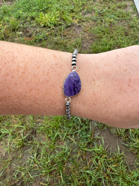 Charoite Sterling Silver Strechy Pearls