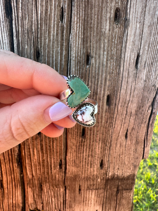Wild Horse & Turquoise Hearts Ring -Adjustable