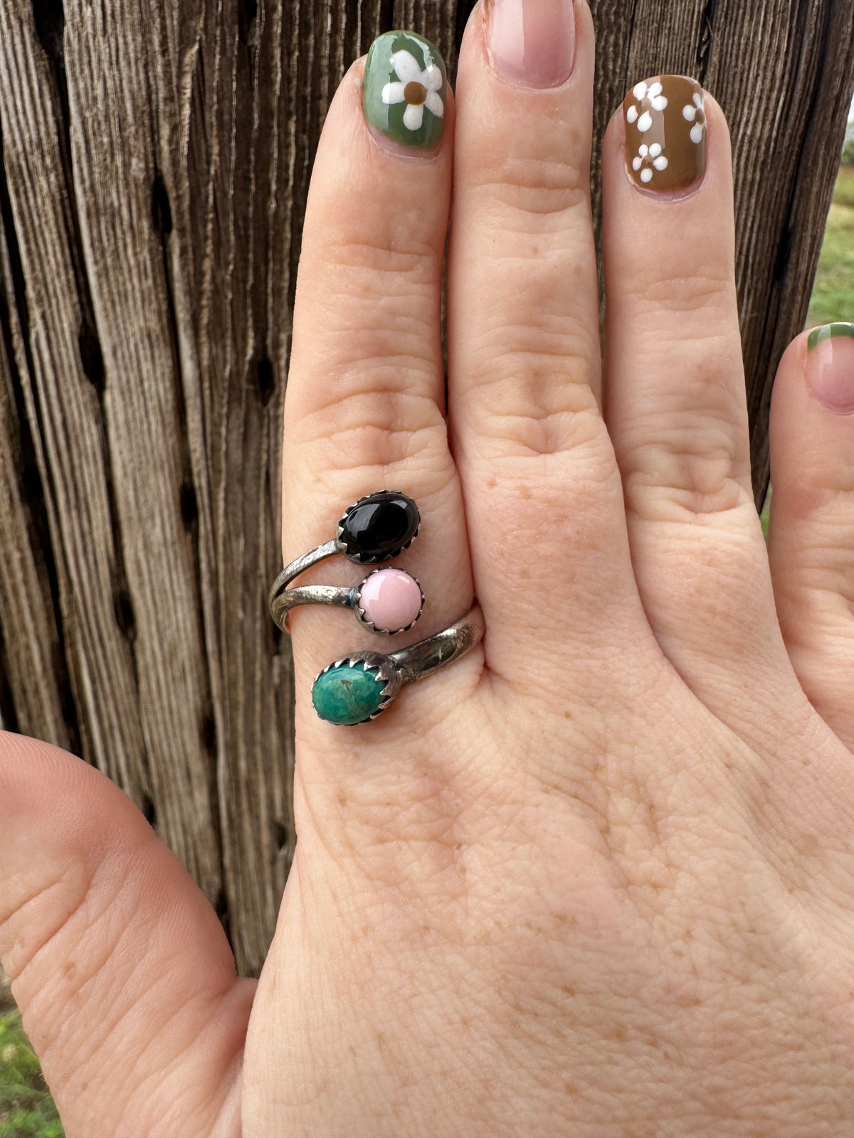 Black Onyx, Pink Conch & Kingman Adjustable Ring