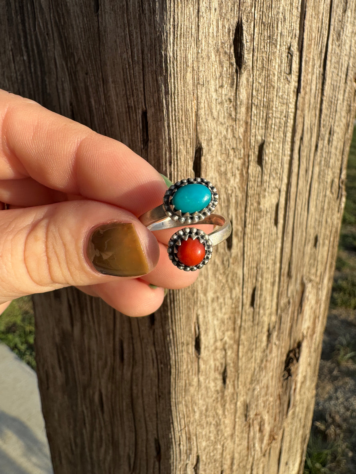 Red Coral & Turquoise Ring -Adjustable