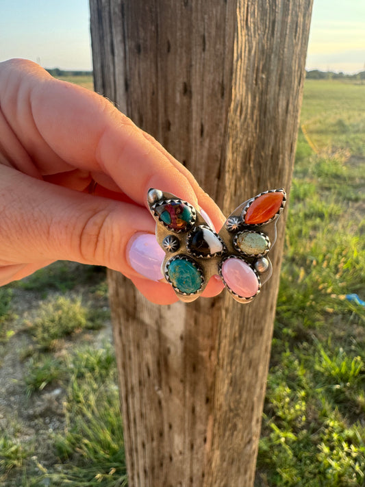 Adjustable muti stone butterfly ring