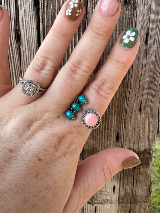 Pink Conch & Turquoise Ring -Adjustable