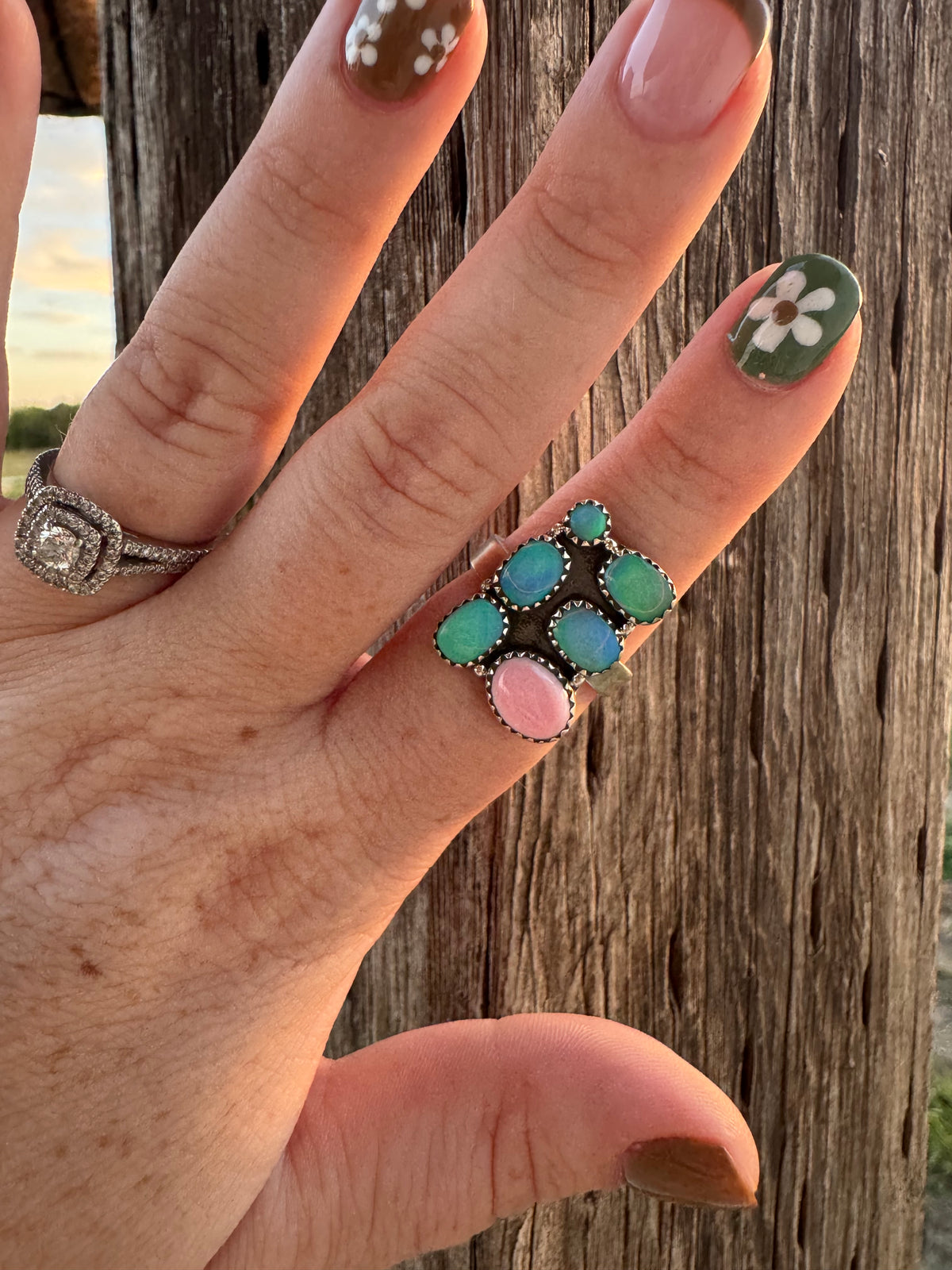Opal & Pink Conch Adjustable Ring