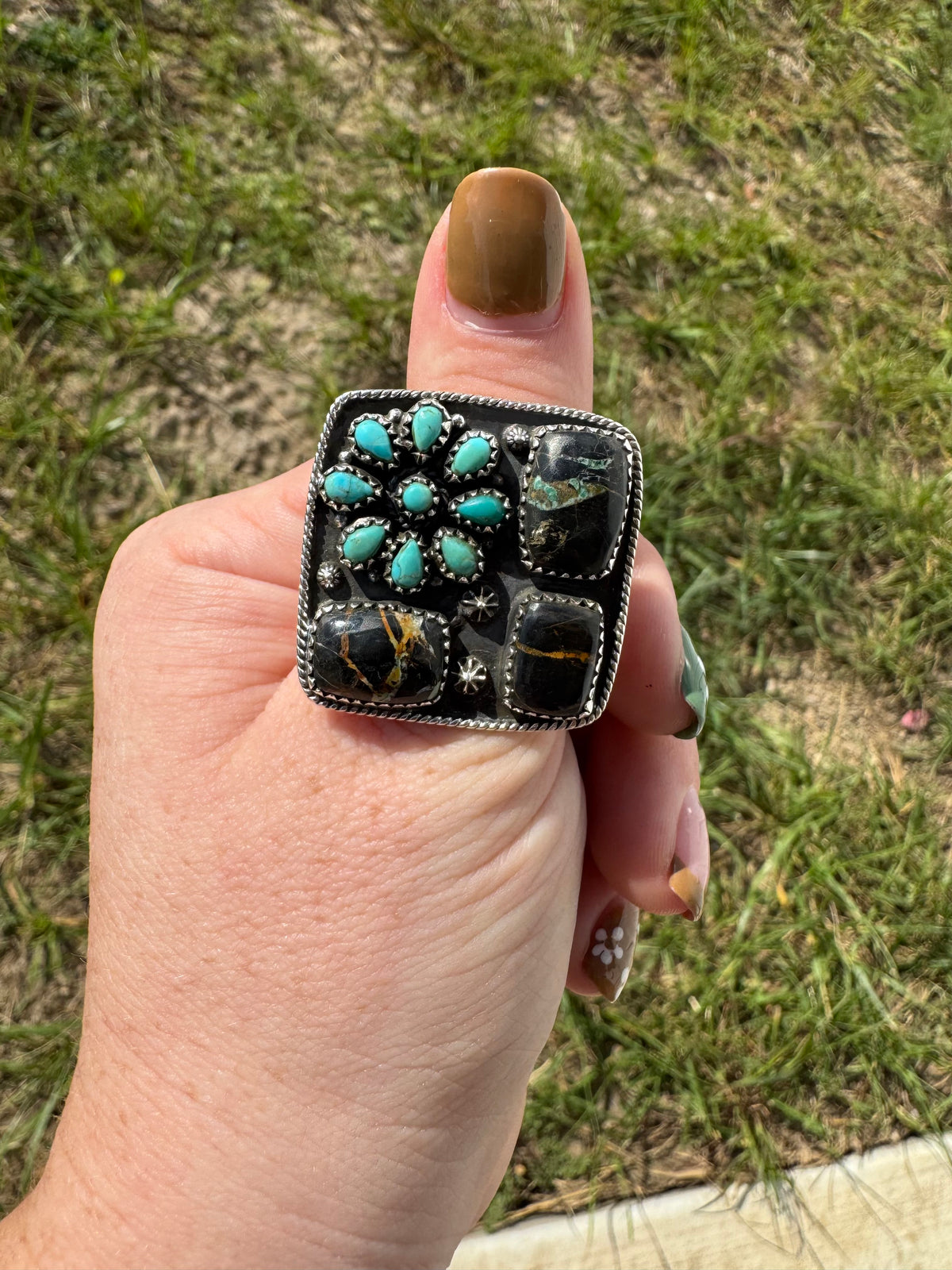 Black Jack Ring With Turquoise Flower -Adjustable