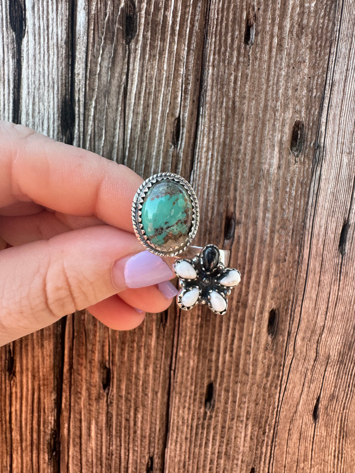 Turquoise & White Buffalo Adjustable Flower Ring
