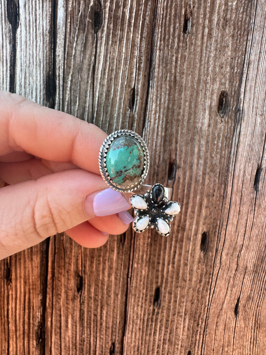 Turquoise & White Buffalo Adjustable Flower Ring