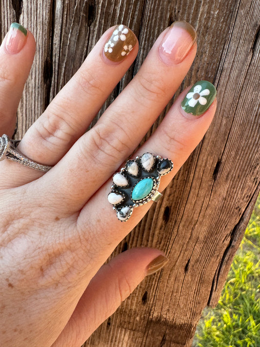 White Buffalo & Kingman Turquoise Adjustable Ring