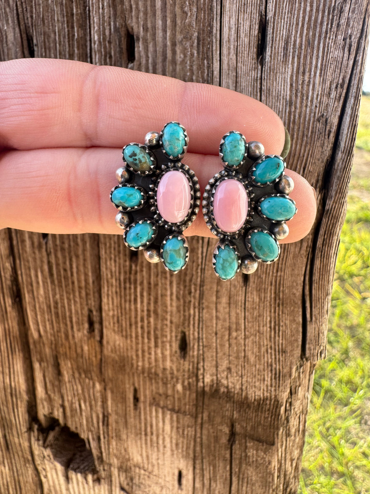 Kingman & Pink Conch Cluster Earrings