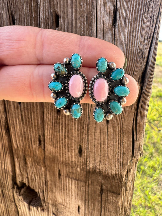 Kingman & Pink Conch Cluster Earrings