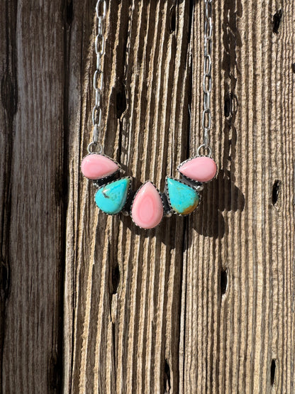 Turquoise & Pink Conch Bar Necklace