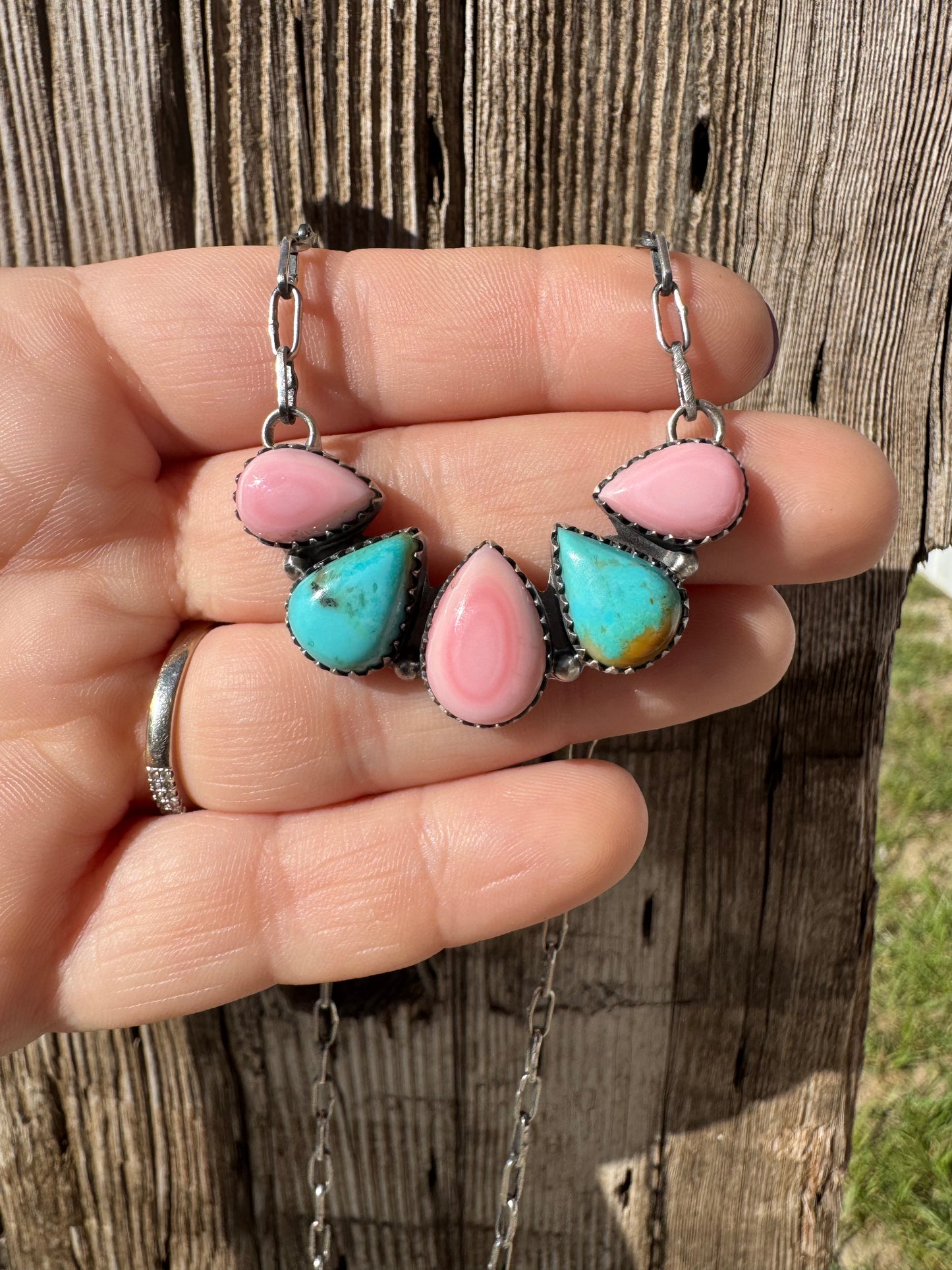 Turquoise & Pink Conch Bar Necklace