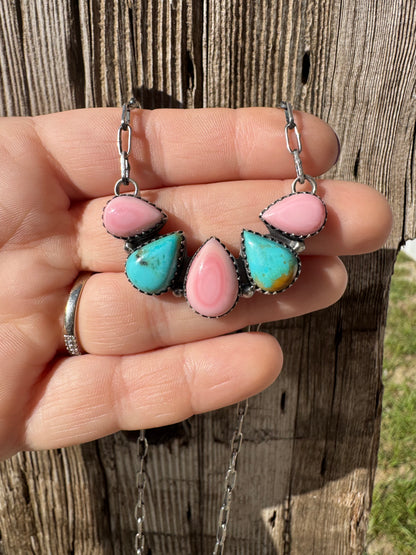 Turquoise & Pink Conch Bar Necklace