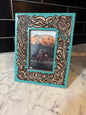 Teal tooled leather stand up picture frame (photo size 4x6)